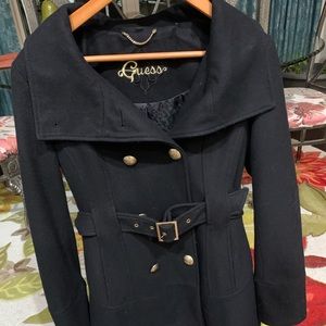 Guess Black Collar Double Breasted Skirted Coat.